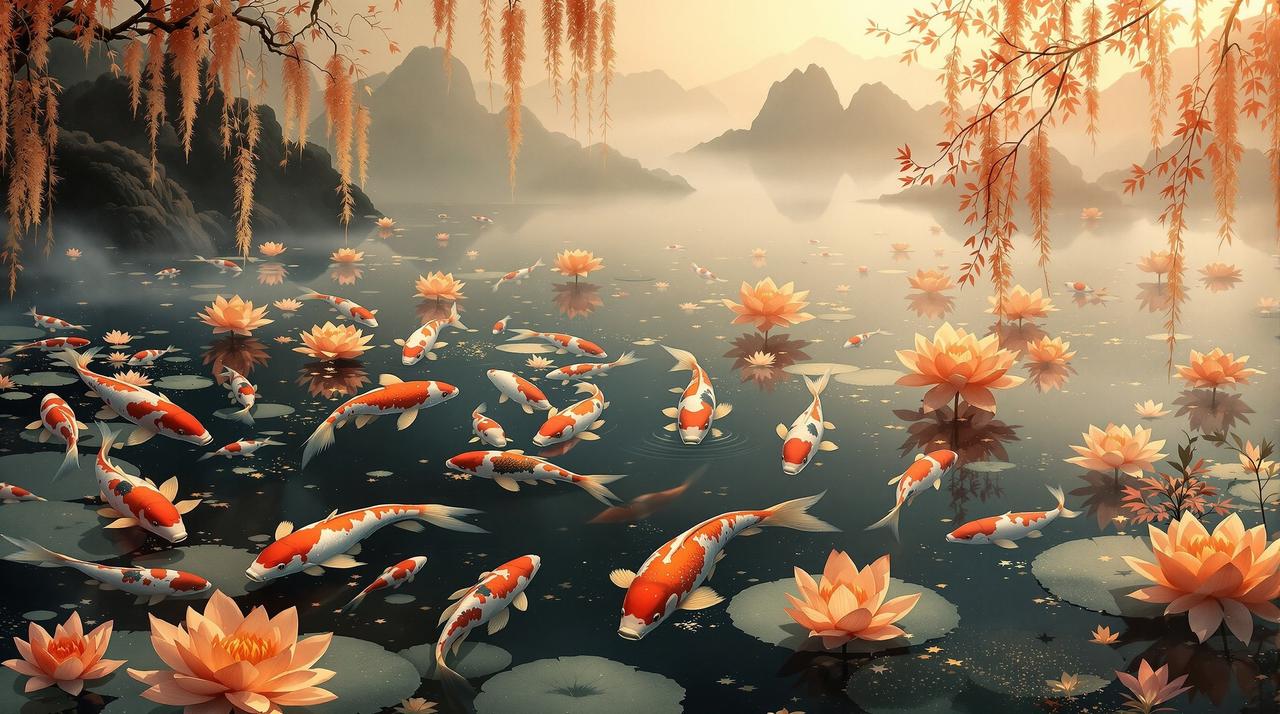 精品999 - 锦鲤游弋于水墨荷塘的写意背景